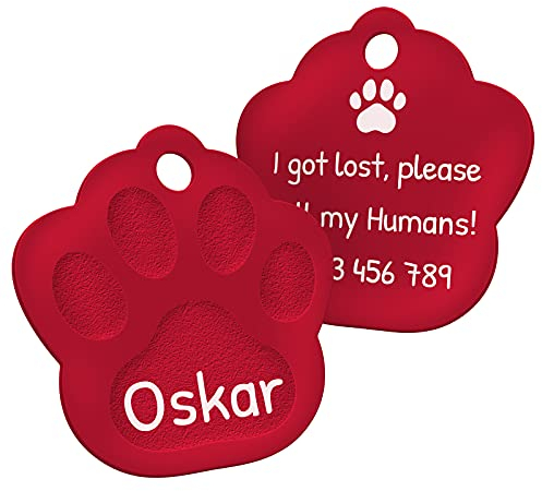 ENGRAVO Hundemarke mit Gravur in Rot 33mm | Pfote Halsbandanhänger personalisiert | Namensschild für Halsband | Anhänger Marke für Hunde, Welpen & Katzen | Dog Tag mit Wunschgravur