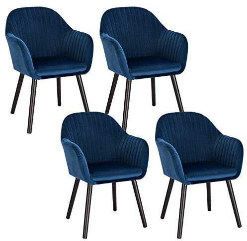 WOLTU Esszimmerstühle 4er Set Küchenstuhl Wohnzimmerstuhl Polsterstuhl Design Stuhl mit Armlehne Samt Massivholz Schwarze Beine Blau BH259bl-4