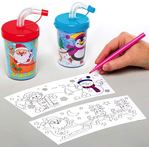 Baker Ross AX475 Christmas Colour in Bendy Straw Cups - Pack of 3, Festive Craft Kits for Kids, Creative Arts and Crafts Packs