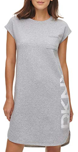DKNY Damen Cap Sleeve Logo Dress T-Shirt, Kleid, Meliert, Grau, Mittel
