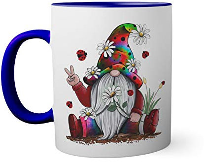 Gnome Happy Peace Rock Hippie Tasse innen und am Henkel dunkelblau außen weiß 330ml
