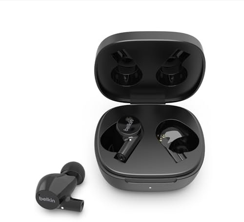 Belkin drahtloser SoundForm Rise True Wireless Bluetooth 5.2 In-Ear-Kopfhörer mit Ladecase, Schweiß- und Wasserschutz nach Schutzart IPX5, tiefer Bass für iPhone, Galaxy, Pixel usw. – Schwarz