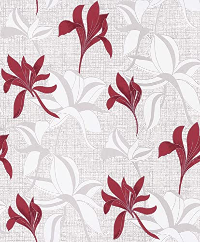 BRICOFLOR Lilien Tapete in Leinenoptik | Vlies Blumentapete in Rot Weiß ideal für Esszimmer und Schlafzimmer | Vliestapete mit Blumen