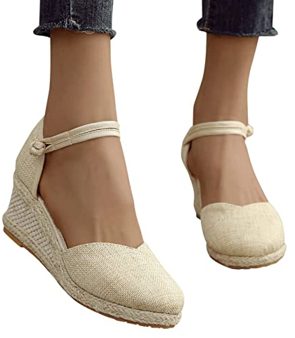 Dasongff Sandales Espadrilles Compensées Bout Fermé Femme pour Printemps Été Sandale en Paille Maille Respirant Chaussure Femme Ete Sandale Plateforme Espadrille Semelle Epaisse Décontractée