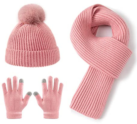 Lallier Juego de 3 gorros para niños, bufanda y guantes para la nieve, tejido de invierno, cálido, suave, gorro con pompón para exteriores, para niños, niñas y niños pequeños, Rosado