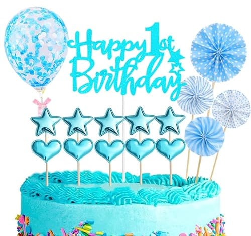 16Pcs Happy 1st Birthday Cake Topper Blue for Baby Boy&Girl, Glitter Personalised Cake Toppers Kit, Happy Birthday Sign