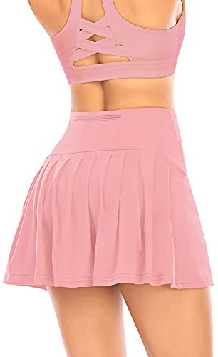 Damen Plissierter Tennisrock mit Hose Faltenrock Kurz Hosenrock Tennis Golf Sport Workout Running Rock Sommerrock Minirock (Rosa, S)