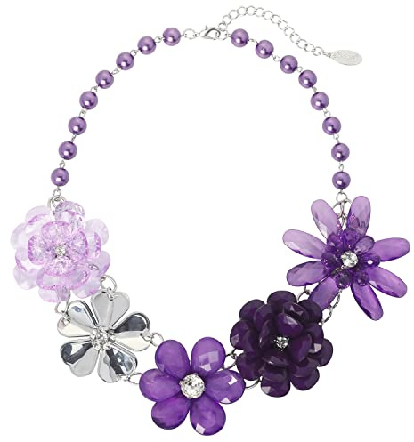 Bocar 5 Flower Braided Crystal Statement Chunky Necklace Bib Collar Pearl Jewellery for Women (NK-10127-Purple)