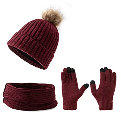 Embouro Damen 3-in-1-Pom-Pom Beanie-Schal-Handschuh-Set, Winterset für kaltes Wetter für Frauen mit abnehmbaren Pom-Poms (Weinrot)