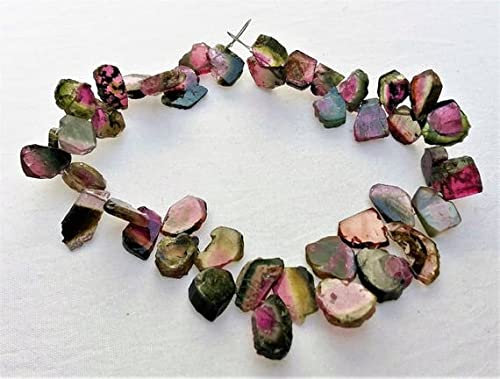 LKBEADS Natural WATERMELON TOURMALINE Slices, smooth slices,Drilled slices, 7x9 mm - 10x13 mm, 8 strand, 87 ct. [E0373]