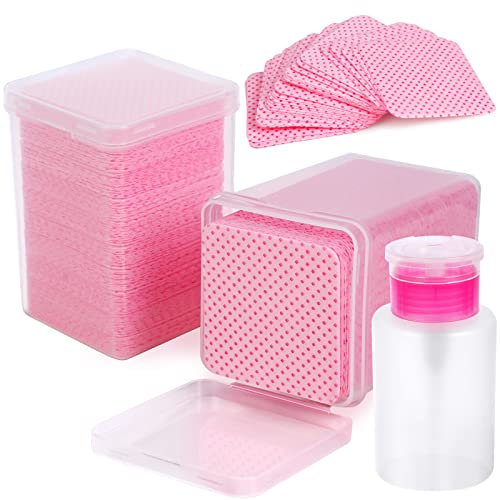 400 Pieces Nail Cotton Pads,1 Pull-Down Pump Dispenser Bottle, Super Absorbent Soft Non-Woven Eyelash Glue Wipes, Nail Polish dehumidifier for Eyelash Extension Products and Nail Oil Bottle (Pink)
