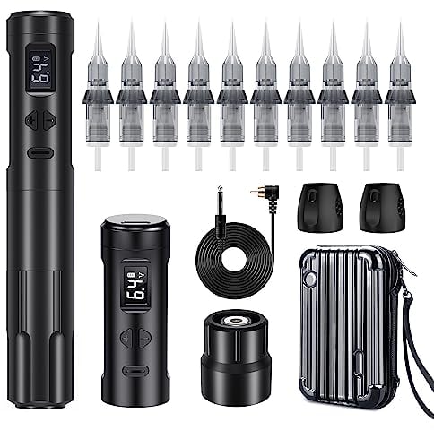 Biomaser Wireless Semi Permanent Make-up Maschine mit 2 Batterien, 10 Stück Kartuschen Nadeln geeignet für Eyeliner Lippen Augenbrauen Miroblading Schattierung für Anfänger und Künstler
