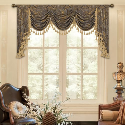 Loom and Mill Luxuriöser Jacquard-Wasserfall-Volant für Wohnzimmer, Klassische antike Fenstervolant mit Quasten, bronzefarbene Girlande für Schlafzimmer, Bankett, Urlaubsdekoration (200 cm, 1 Panel)