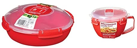 Sistema Micro-ondes Round Récipient alimentaire/Bol de cuisson | Cuiseur vapeur de 1,3L | Rouge/Transparent & Micro-ondes Bol à nouilles | Récipient alimentaire micro-ondes | 940ml | Rouge/Transparent