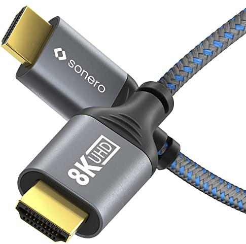 Câble Sonero® 8K HDMI, prise HDMI vers prise HDMI, HDMI 2.1, 8K 60Hz, 4K 120Hz, gaine coton, gris/bleu, 3.00 mètres