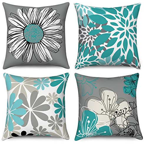 Hnmdmyi Kissenbezug Türkis 40x40 4er Set, Türkis und Grau Blumen Dekorative Kissenbezüge Modernes Gänseblümchen Bauernhaus Boho Leinen Kissenhülle für Sofa Couch Bett Garten Outdoor Home Decor