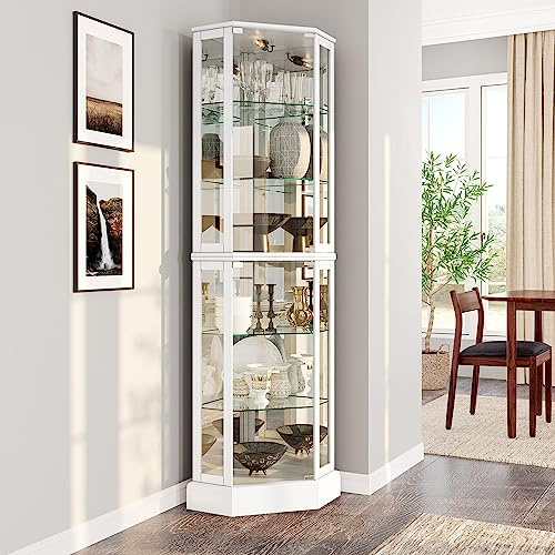 BELLEZE Beleuchteter 3-seitiger Glas-Vitrischrank mit Türen und Regalen aus gehärtetem Glas, gebogener Holz-Eckschrank mit Glühbirne, Eckregal für Bar und Spirituosenaufbewahrung – Ashfield (weiß)