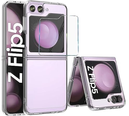 MIMGOAL Case for Samsung Galaxy Z Flip 5 Cover [Slim Fit] Hard Transparent PC Cover,[Anti Yellow] Shock-proof Bumper Phone Case with Tempered Glass Screen Protector Z Flip5 5G 2023- Crystal Clear