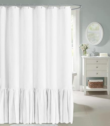 Awellife Tenda da doccia in stile bohémien, con volant, in lino, per bagno, 182,9 x 243,8 cm (larghezza x lunghezza), colore: bianco