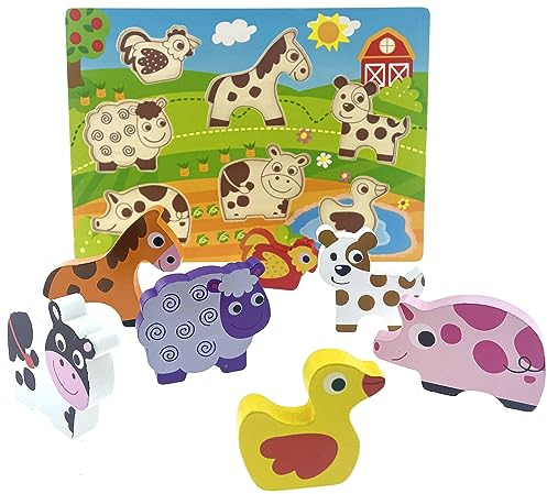 RB&G Holzpuzzle mit großen Teilen Spielzeug für Babys - Safaritiere Bauernhof Puzzle für Kinder ab 1 Jahr Puzzle Baby (Farm)