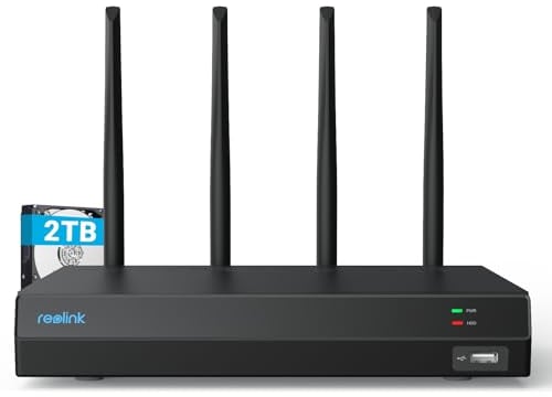 Reolink 4K 12CH NVR, Dual-Band Wi-Fi 6, HDD 2TB Integrato, H.265, Supporta Le Telecamere Wi-Fi e a Batteria (Tranne la telecamere 4G), Accesso Locale e Remoto, Registrazione 24/7, RLN12W
