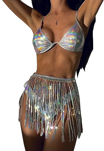 Paillettenrock Fransen Holographische Disco Cowgirl Outfit Glitzernde Kleider Crop Top Bikini Festival Outfits für Frauen - Silber