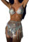 SNOMYRS Paillettenrock Fransen Holographische Disco Cowgirl Outfit Glitzernde Kleider Crop Top Bikini Festival Outfits für Frauen - Silber