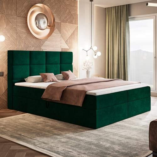 MOTIVENA Alfa Boxspringbett 140x200 mit Bettkasten und Topper, Polsterbett 140x200 mit Bettkasten, Bonellfederkern-Matratze (H4), T28 Komfortschaumstoff Topper (H3), Samt, Grün (Dunkelgrün)