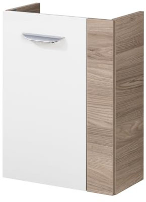 FACKELMANN Luxor Waschbeckenunterschrank schmal – Unterschrank für Waschtisch im Gäste-WC (44 cm x 60 cm x 24,3 cm) – Türanschlag Links – SBC Badezimmerschrank hängend in Braun hell/Weiß