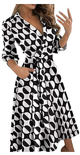 Nidddiv Elegante Cocktailkleider für Damen UK Gedruckt V Ausschnitt Freizeitkleider Taille Swing Kleid Langarm Ballkleid Mode Knielang Abendkleider Bunt Herbst Winter Arbeitskleid, grau, Medium