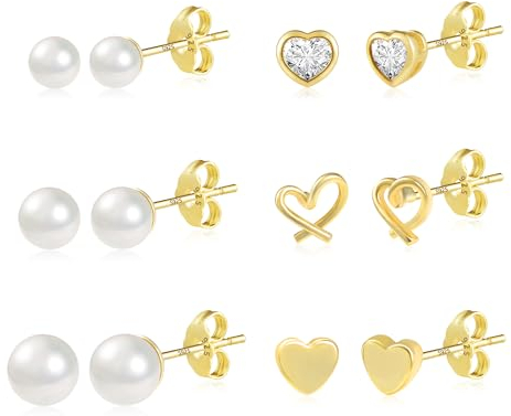 Ohrringe Gold Ohrstecker Set Damen, Gold Ohrringe Perlen Ohrstecker Herz Kleine, 14K Vergoldet Ohrstecker Silber 925 Ohrringe Kleine Set, 9ct Gold Ohrringe Set Kleine Ohrstecker Perle Herz Ohrringe