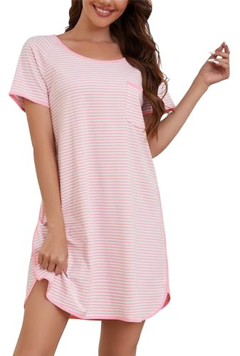 Namatime Chemise de nuit à manches courtes en coton pour femme - Col rond - Chemise de nuit à rayures - Tailles S à XXL, rose et blanc, M
