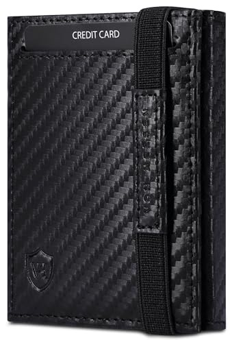VON HEESEN Slim Wallet mit XL Münzfach & RFID-Schutz - Leder Geldbeutel - Mini Geldbörse für Herren und Damen - Kartenetui Echtleder Karten Portemonnaie klein - Kreditkartenetui Carbon-Schwarz