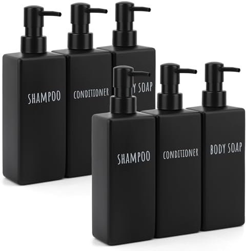 Segbeauty Dispenser Doccia, 6 Pezzi 500ml Dispenser Sapone Nero Opaco, Dispenser Shampoo e Bagnoschiuma, Dosatore Sapone Cucina in Plastica, Dosatore Sapone con Etichette Stampate