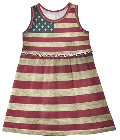 Mädchen Kleid Vintage USA-Flagge Sommerkleid A-Linie Ärmelloses Casual Kleid Baumwolle Kinder Partykleider