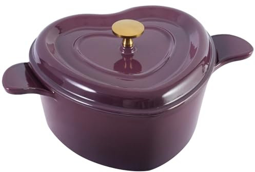 Flavehc Heart Shaped Cast Iron Dutch Oven, 3 qt with Lid, Enameled, Magenta