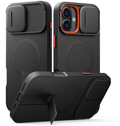 SURITCH Magnetic Case Compatible with iPhone 16 Plus, Shockproof Bumper Case Slim Protective Cover with Slide Camera Cover and Adjustable Kickstand(Black)