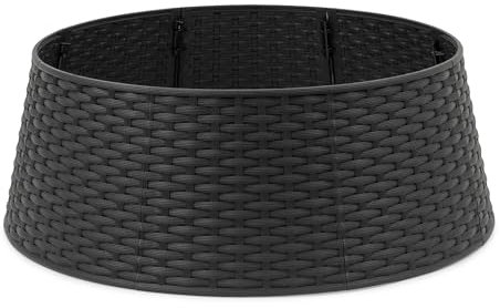 Christmas Village Faux Rattan Christmas Tree Skirt - 65cm Base Diameter, Durable Snap-Together Design, Fits Tree Stands up to 63cm - Black