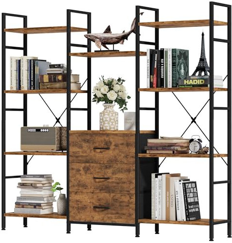 OYRREU Bücherregal mit 4 Stoffschubladen, Bücher Regal 120 cm Breit 27 cm Tief, 142 Hochregal Stehend Küchenregal für Wohnzimmer Büro Balkon Bookshelf Würfelregal Kitchen Shelf, Industrial Holz Style