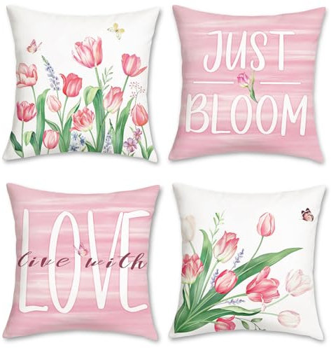 Bonhause 4er Set Kissenbezüge Blumen Rosa 45 x 45 cm Tulpen Samt Soft Dekorative Kissenhülle Zierkissenbezüge für Sofa Schlafzimmer Zuhause Garten Dekoration