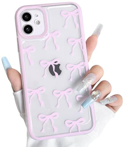 NITITOP Compatible with iPhone 12 Mini Case Cute Clear Pink Big Bow Design Ribbon Bowknot Pattern for Girls Women Soft TPU Transparent Full Camera Lens Shockproof Protective Cover - Pink