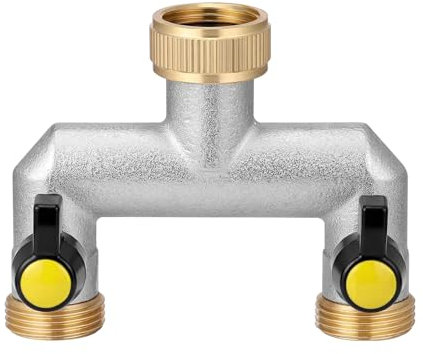 WIYETY Distribuidor de agua de grifo de 2 vías: distribuidor de agua de latón de 3/4 pulgadas, regulador del flujo de agua y bloqueable, distribuidor de conexión de agua para jardín riego manguera de