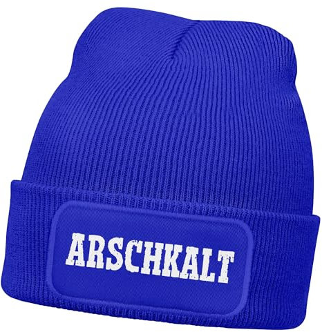 MoonWorks® Herren Beanie mit Patch Arschkalt Statement Strickmütze mit Spruch Aufdruck Lustig Mütze Männer Blau Unisize