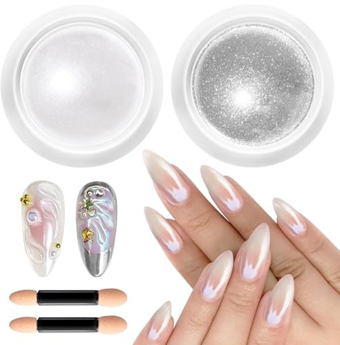 BISHENGYF Chrome Nail Powder – 【Meerjungfrau-Effekt】 WeißE Perle Chrom Nagelpuder Nagel glitzer, Magischer Spiegel Silbernes Chrom-Nagelpulver Metallischer Spiegel Nagel-Chrompulver FüR Nagelstudio