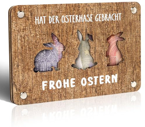 MEJOSER Geldgeschenk Ostern aus Holz Karte 16x11cm Geldgeschenke Verpackung Osterkarte Ostergeschenke Kinder Frauen Mädchen Junge Männer Geldkarte Osterhasen (Braun)