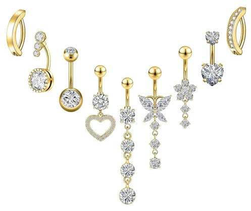 AstraGlam Bauchnabelpiercing Set Mit 9 Stück, Chirurgenstahl Bauchnabelpiercing Gold Mit Kurz Und Lang Bauchnabel Ringe, Herz, Schmetterling Und Blumen Designs