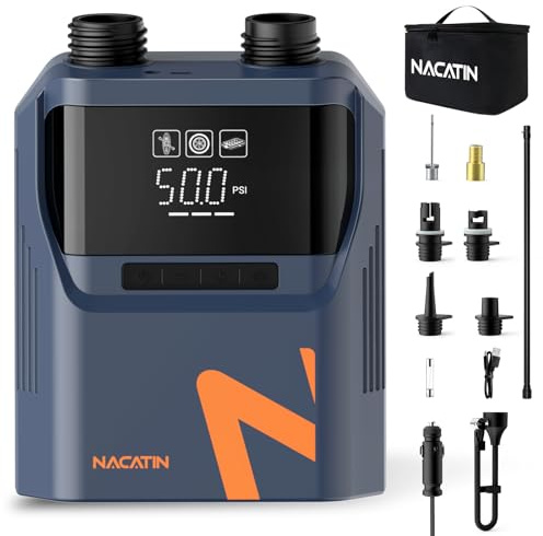 NACATIN 50PSI Electric SUP Pump, Rechargeable Paddle Board Pump with 5200mAh Battery & 12V Car Cord, Dual Stage Fast Inflation & Auto-Off, 6 Nozzles for Inflatables, Paddle Boards, Kayaks, Car Tires