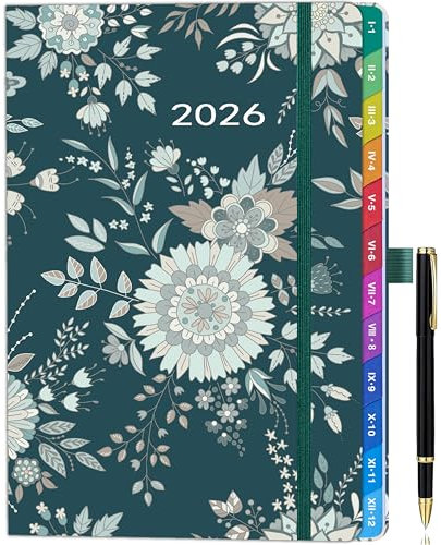 2026 A5 Week-to-View Diary & Weekly Planner From (Jan 2026 - Dec 2026), con linguette mensili colorate e penna.