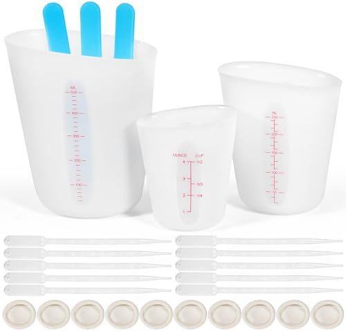 Celepoir 3 Pcs Silicon Measuring Cups, 125/250/500ml Silicon Measuring Cups for Resin, with Silicon Stir Sticks, Finger Cots & Pipette, for Epoxy Resin, Casting Mould, DIY, Handicrafts, Laboratory
