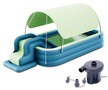 Piscina infantil hinchable 260*170cm,Piscina Hinchable Rectangular Con tobogán de agua y sombrilla,Piscina inflable familiar de tres anillos Material de PVC engrosado,para jardines,parques,exterior